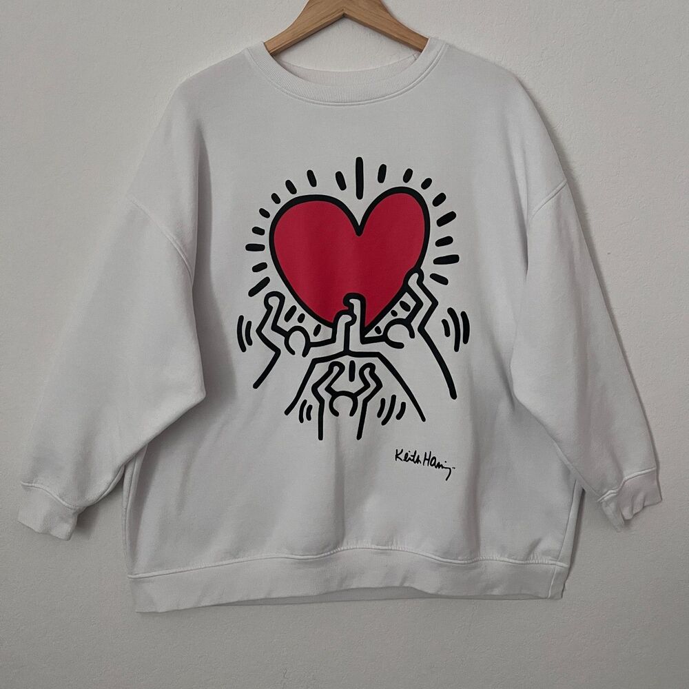 Keith Haring Men's Crewneck Sweatshirt Red Heart Art White Long Sleeve XL